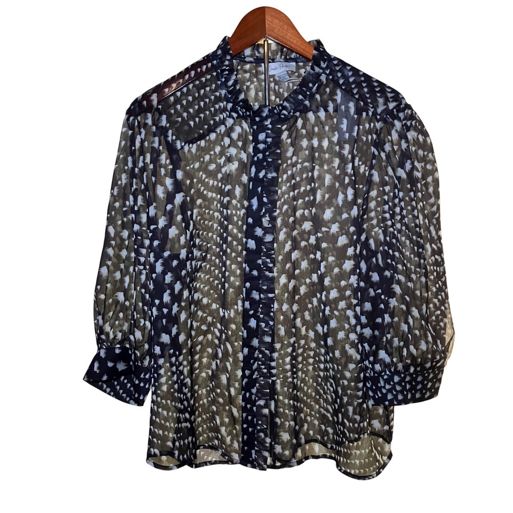 Charlie Paige Blouse Women's XL Black Tan Abstract Ruffle Sheer Button Up NWT